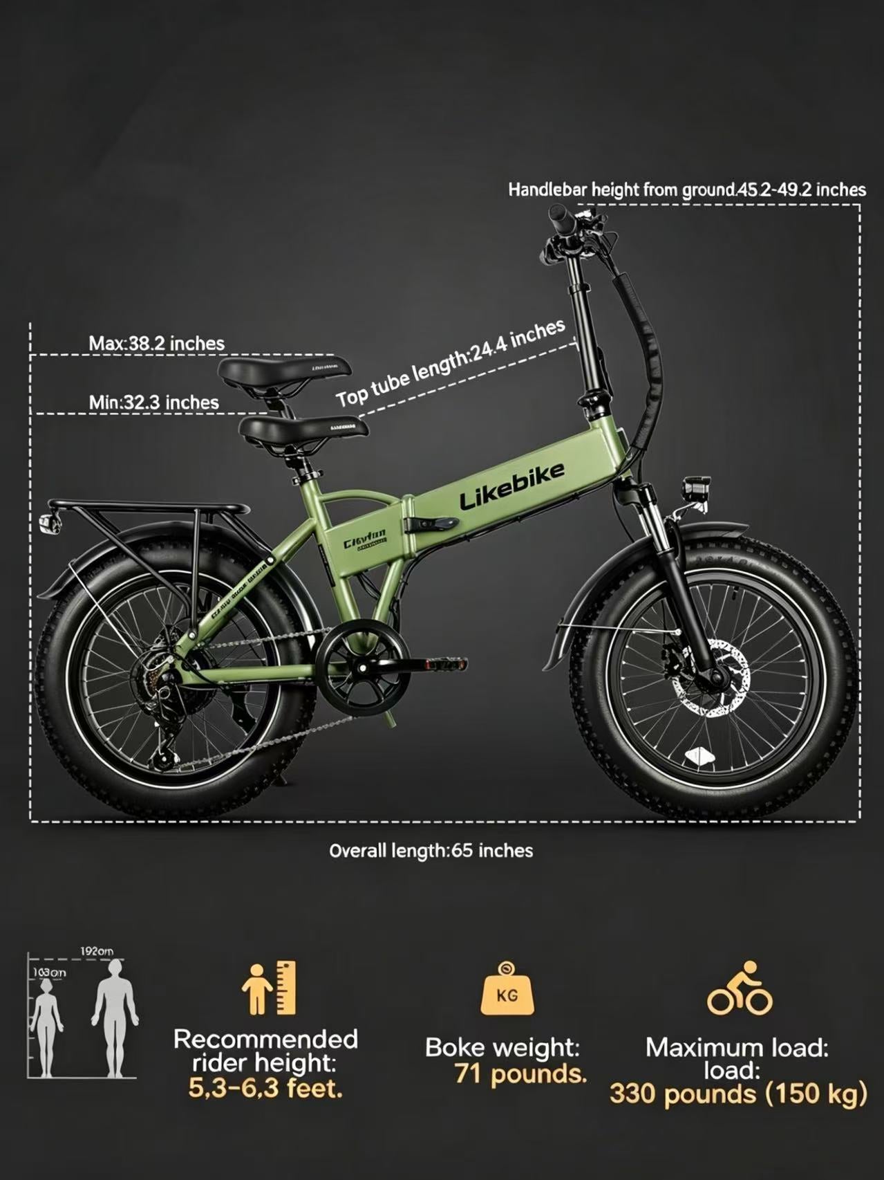 Likebike Cityfun Bicicleta Elétrica Dobrável com Pneus Grandes, Potência de 500W, Bicicleta Elétrica Portátil para Todo Terreno