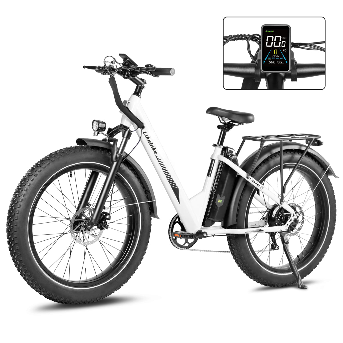 Bicicleta Elétrica Likebike Lander S com pneus largos, motor de 500W e bateria de 48V 13Ah