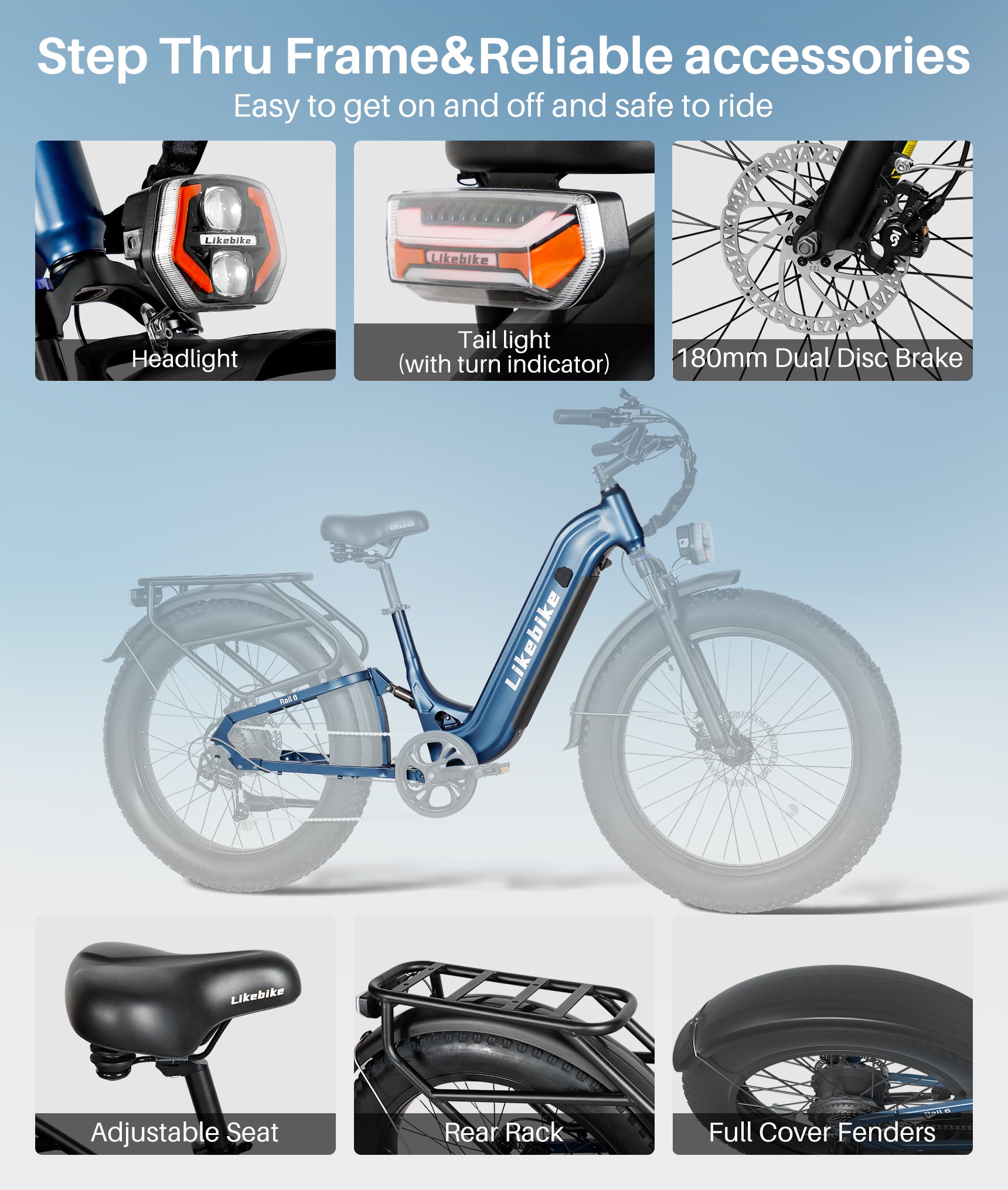 Bicicleta Elétrica Commuter Rail 6 da Likebike, Potência de Pico 750W, Bateria 48V 20Ah