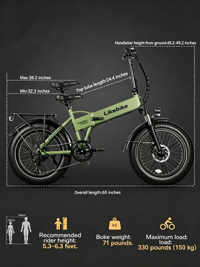 Likebike Cityfun Bicicleta Elétrica Dobrável com Pneus Grandes, Potência de 500W, Bicicleta Elétrica Portátil para Todo Terreno