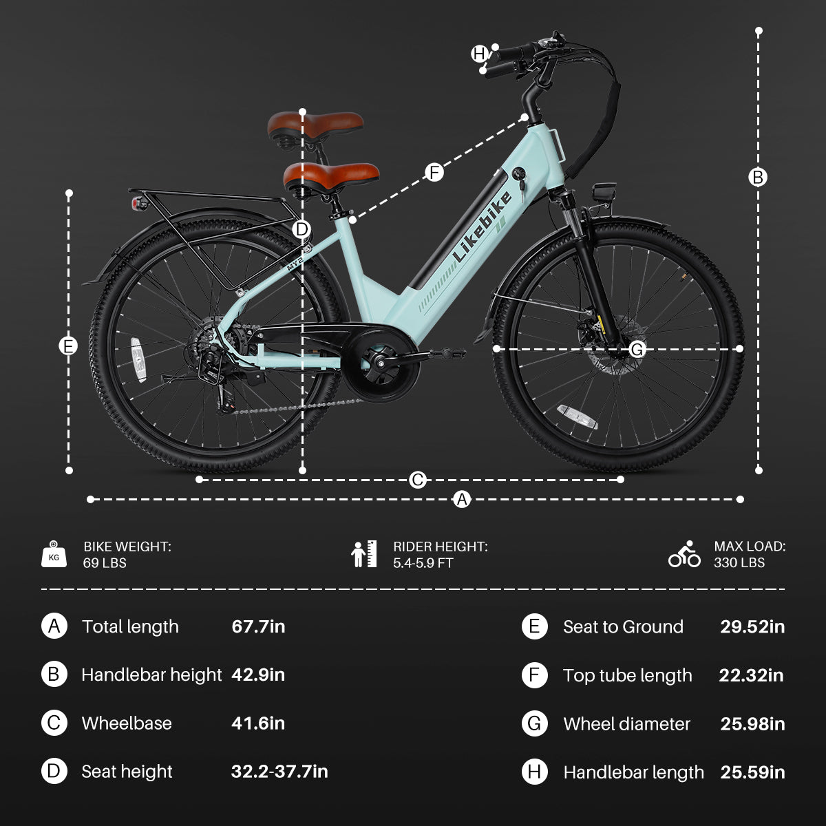 Bicicleta Elétrica Likebike MY2 Modelo Passante 26 Polegadas para Adultos, E-bike de Deslocamento Diário