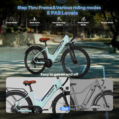 Bicicleta Elétrica Likebike MY2 Modelo Passante 26 Polegadas para Adultos, E-bike de Deslocamento Diário